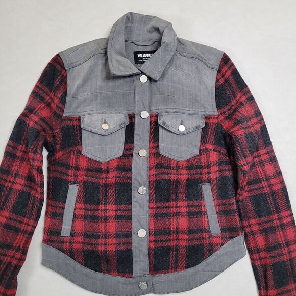 William Rast Motocross Flannel Denim Jacket Womens Red Black Plaid Cowgirl Med - Picture 2 of 13
